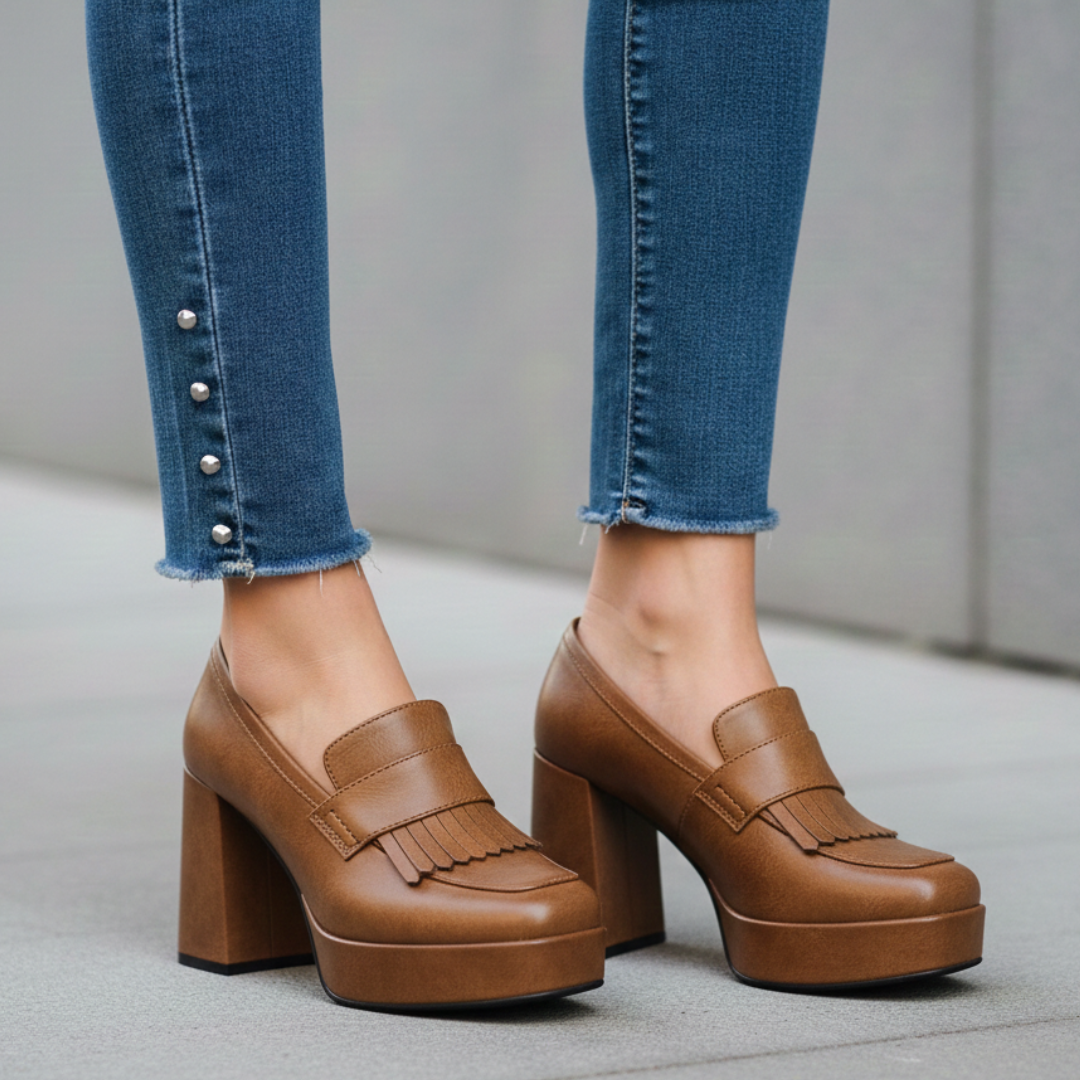 Women's platform shoes in loafer style slip-ons with block heel and front platform