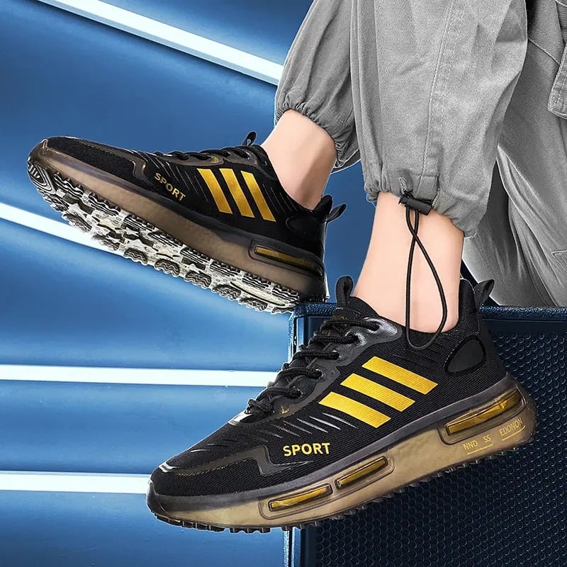 Men's lace-up sports sneakers with air-cushion sole and rounded toe