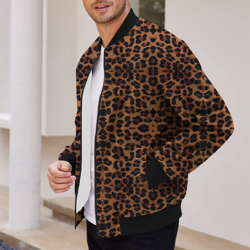 Men's autumn jacket with leopard pattern, zipper, and fleece lining
