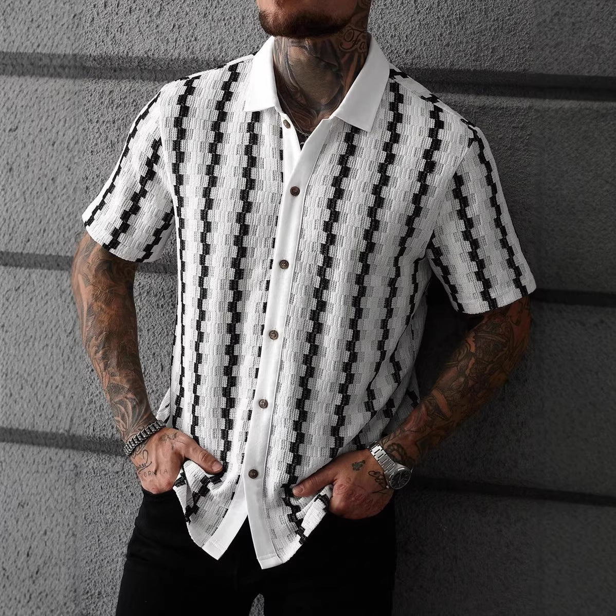 Herren Sommer Karo-Strickcardigan Kurzarm Slim Fit Patchwork Streetwear Top