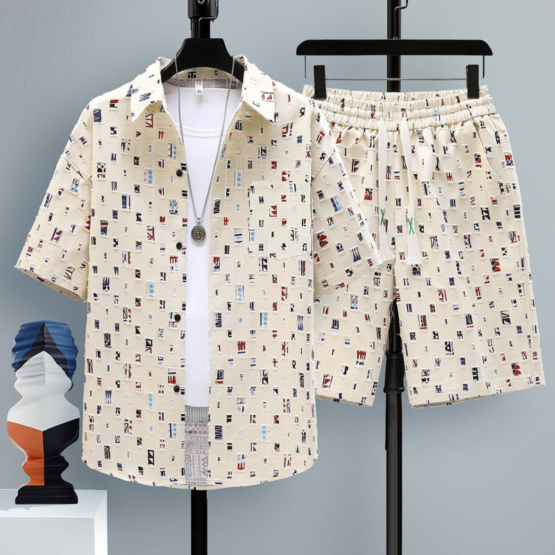 Men's Summer Sport Short-Sleeve Two-Piece Set Straight-Cut Shorts Matching Outfit