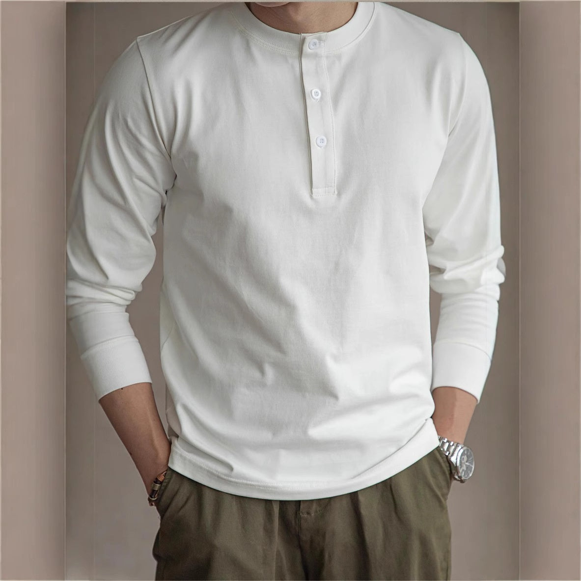 Herren Langarm Henley Shirt – Schweres Material Normale Passform