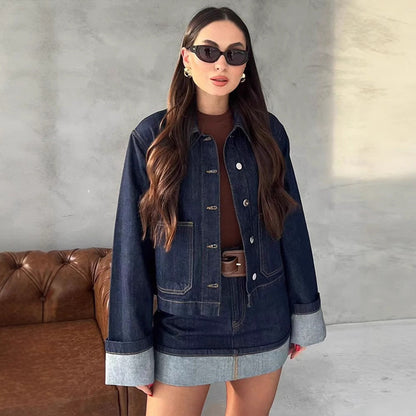 Women's short jacket with polo collar and button placket – denim mix style