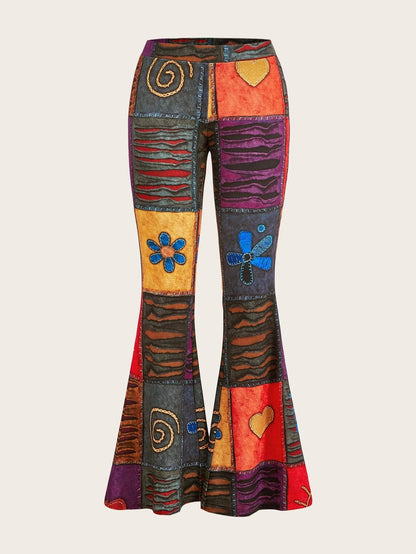 Women's bootcut trousers with print, abstract pattern, mid-rise waistband