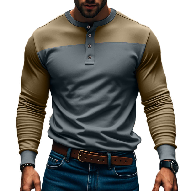 Herren Langarm-Henley-Shirt Color-Block – Baumwoll-Mix