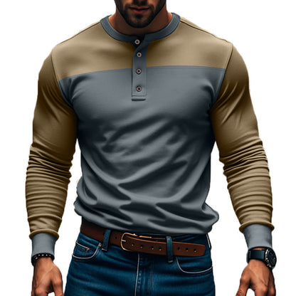 Herren Langarm-Henley-Shirt Color-Block – Baumwoll-Mix