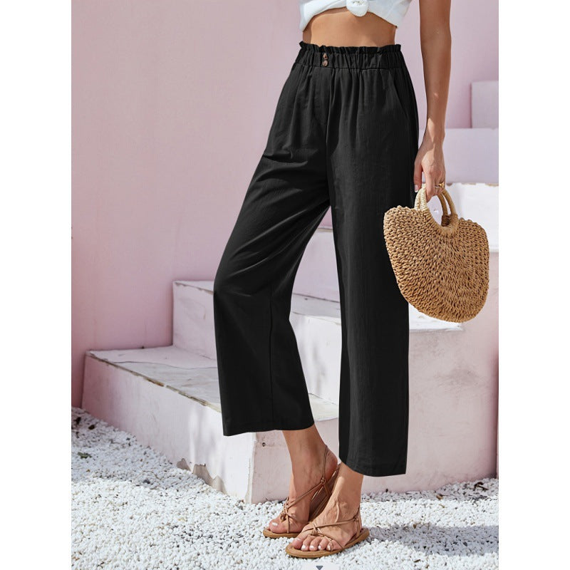 Damen-Freizeithose Mit Hohem Bund, Gerader Schnitt – Baumwoll-Leinen-Mischung