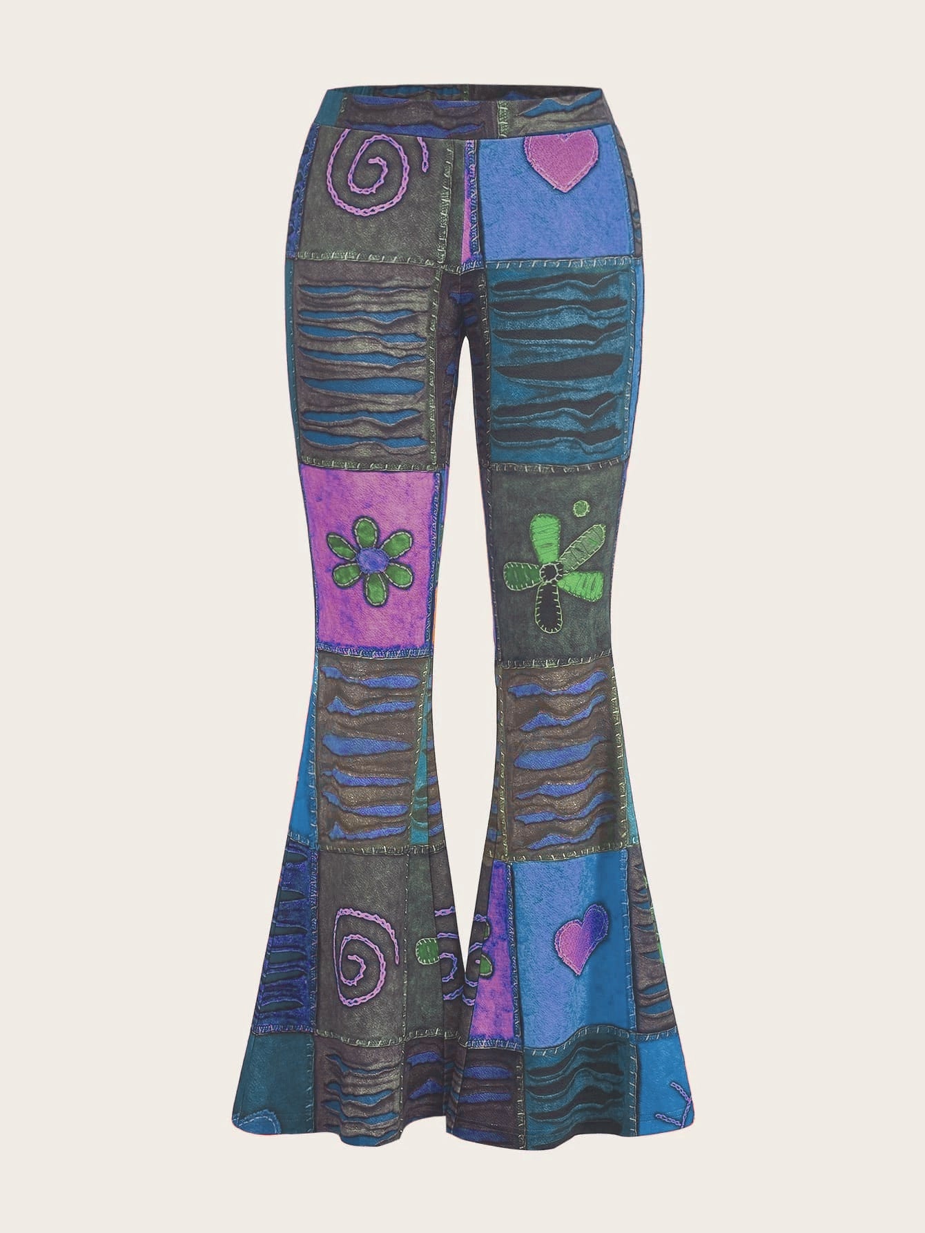 Women's bootcut trousers with print, abstract pattern, mid-rise waistband