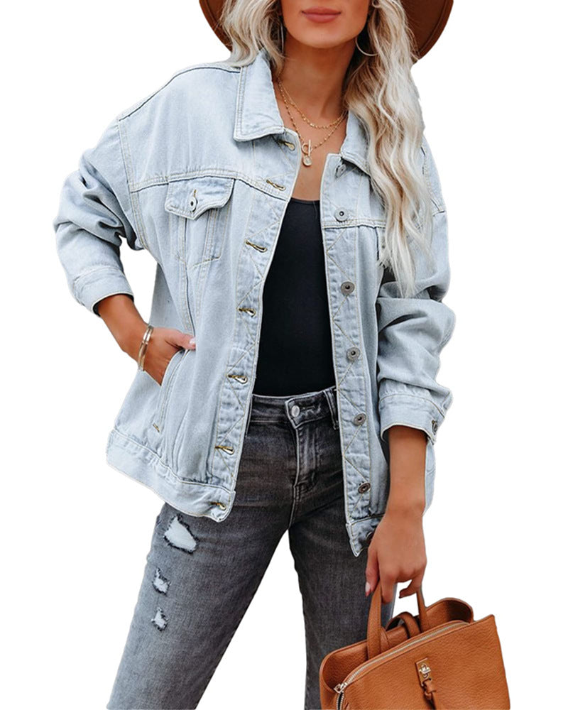 Damen Kurzjacke mit Schalkragen und Oversized-Passform – Denim-Mix Stil