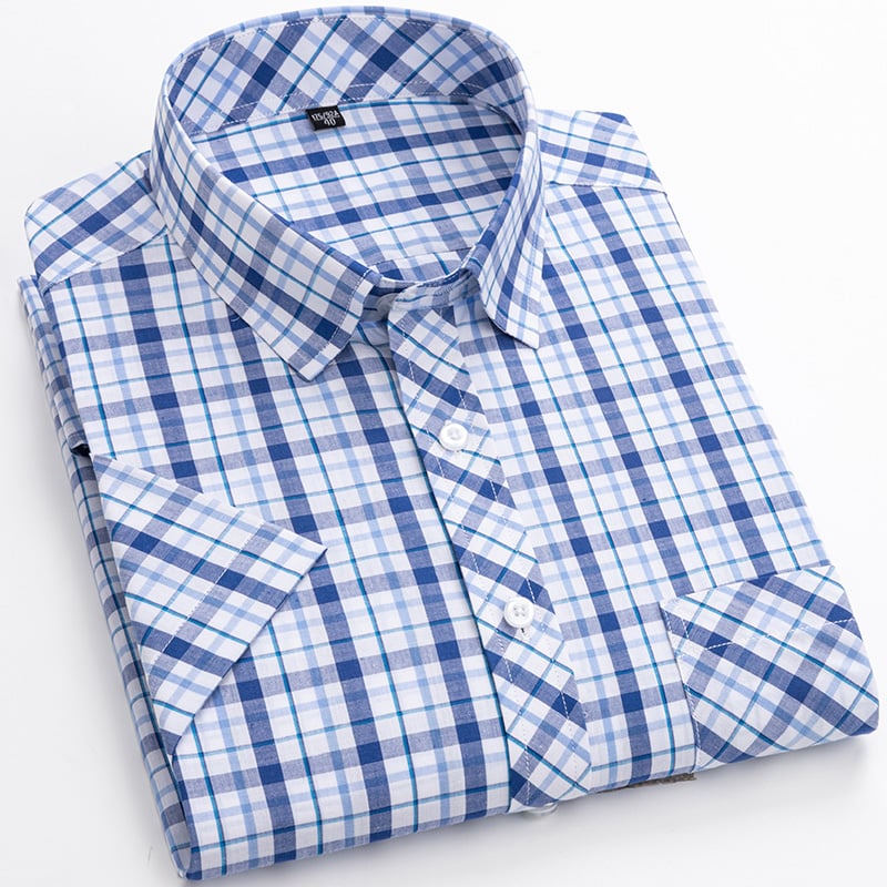 Men's Short-Sleeve Shirt with Check Pattern and Button Placket – Cotton Blend