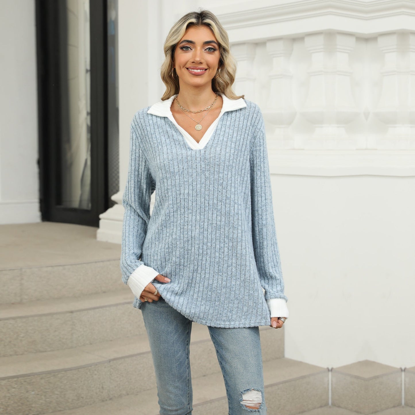 Damen Langarm Pullover Mit Reverskragen Und Lockerem Schnitt