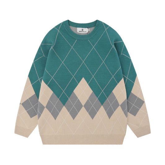 Damen Pullover mit Rauten-Karomuster und Rundhalsausschnitt