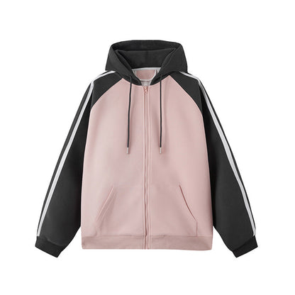 Rosa und schwarze Kapuzenjacke mit Reißverschluss, langen Ärmeln und Streifen. Modische Damen-Sportbekleidung, ideal für Freizeit und Sport.
