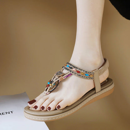 Damen-Sommer-Flip-Flops Mit Strasssteinen, Runder Zehenpartie Und Elastischem Band