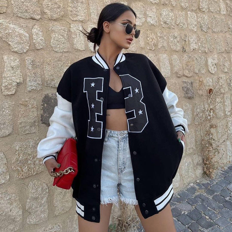 Damen Baseballjacke für den Herbst mit Stickerei und langen Ärmeln