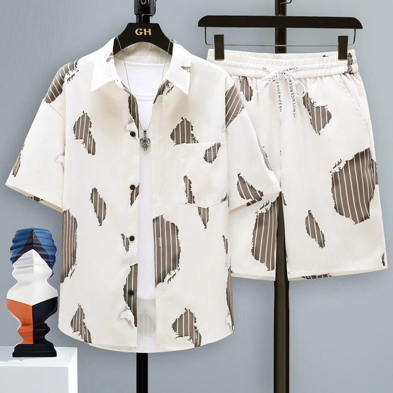 Men's Summer Sport Short-Sleeve Two-Piece Set Straight-Cut Shorts Matching Outfit