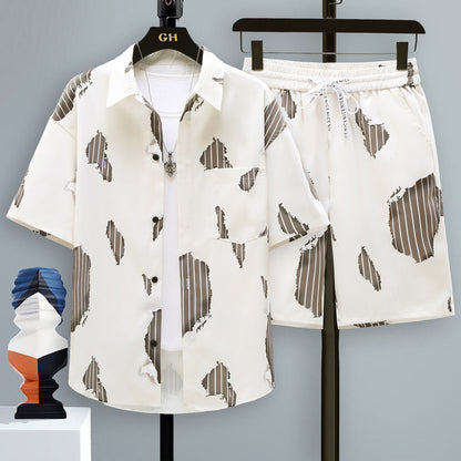 Men's Summer Sport Short-Sleeve Two-Piece Set Straight-Cut Shorts Matching Outfit