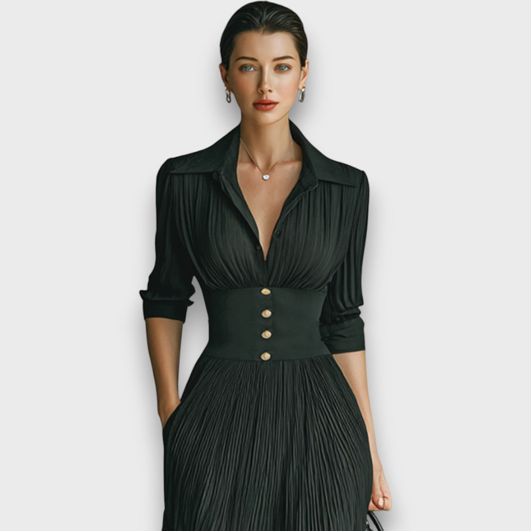 Damen-Maxikleid Mit Langen Ärmeln, Faltenrock, Wendekragen Und Knopfleiste