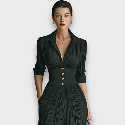 Damen-Maxikleid Mit Langen Ärmeln, Faltenrock, Wendekragen Und Knopfleiste