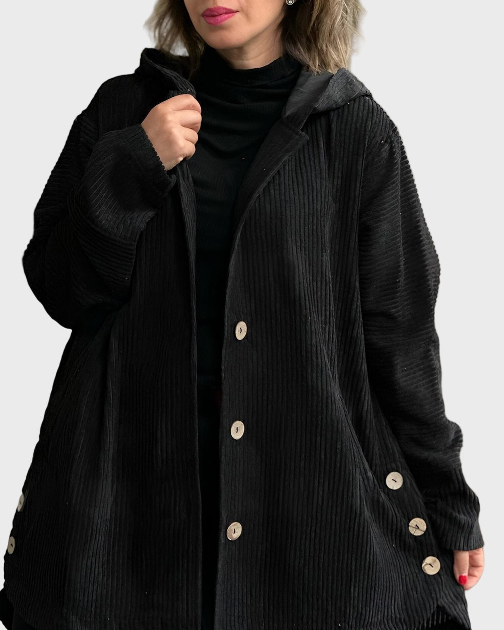 Damen Cordjacke mit Kapuze und Fronttaschen für den Herbst
