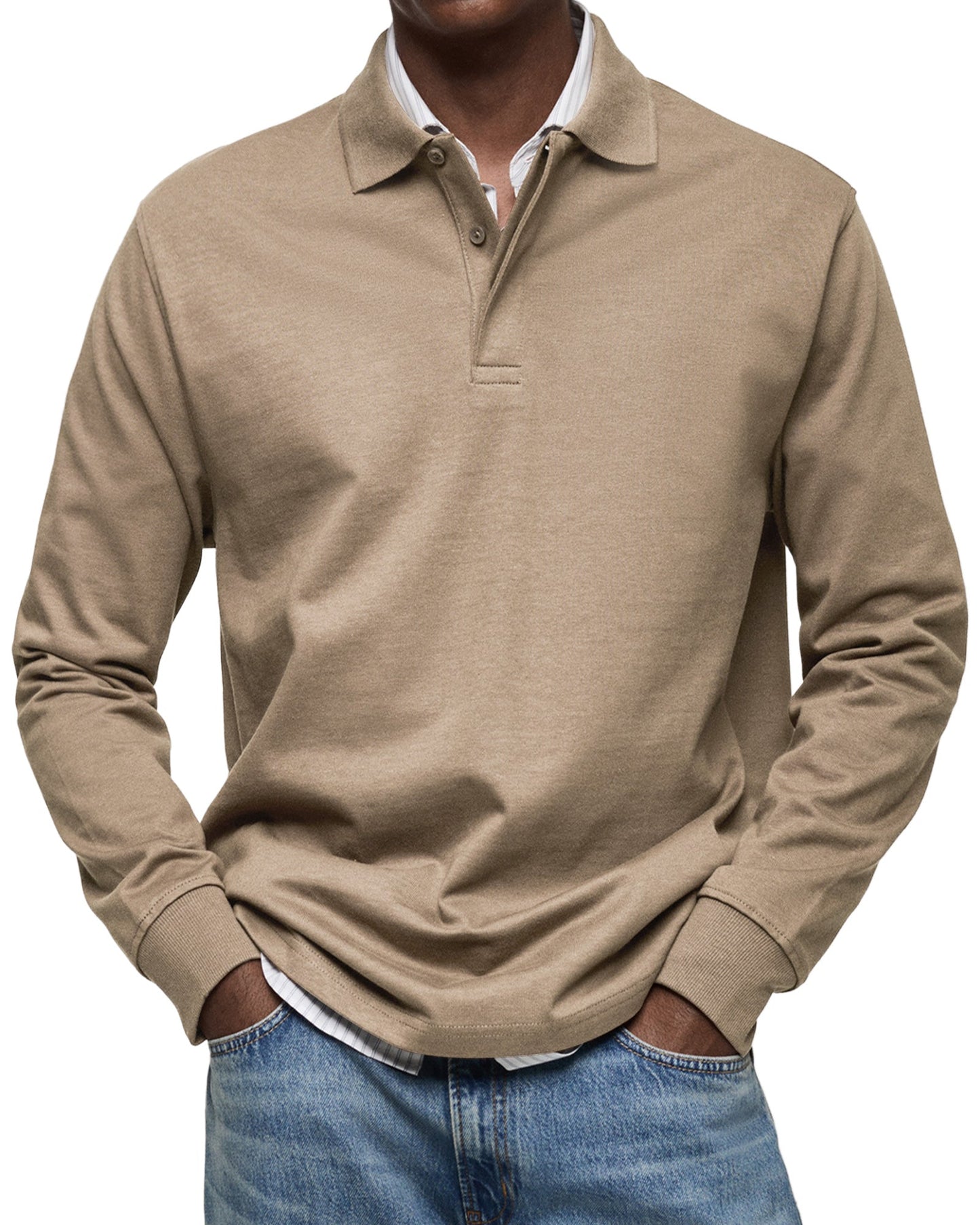 Men's Long-Sleeve Polo Shirt with Structured Collar and Button Placket