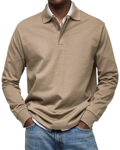 Men's Long-Sleeve Polo Shirt with Structured Collar and Button Placket