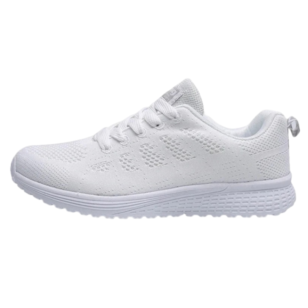 Weiße Sneaker aus atmungsaktivem Mesh, sportliches Design, rutschfeste Sohle, ideal für Laufen und Freizeit, modische und bequeme Sportschuhe.