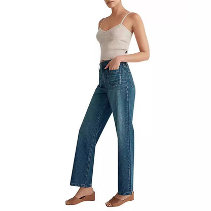 Damen Hochtaillen-Weitbein-Jeans mit Used-Effekten und eckigen Taschen