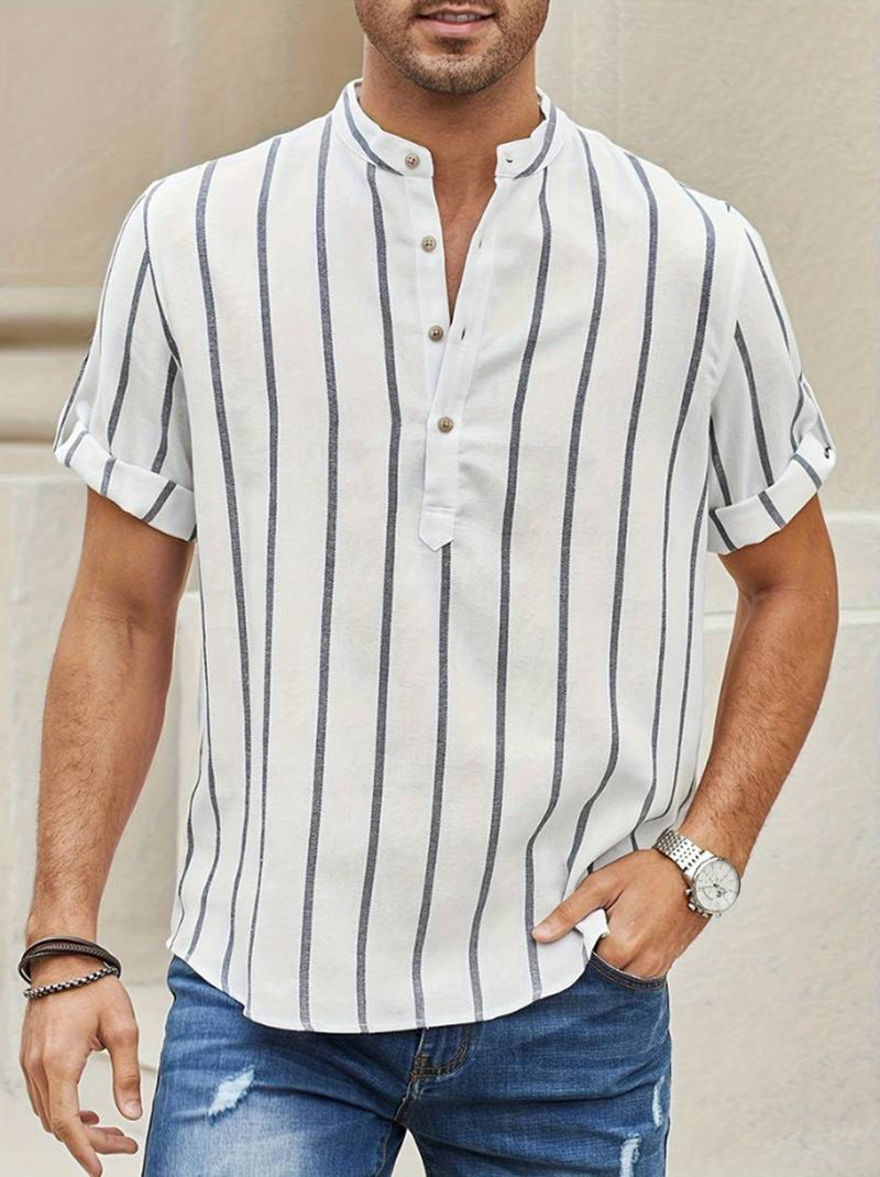 Herren Sommer Gestreiftes Kurzarm-Pulloverhemd Aus Leinenstoff, Teenager-Passform