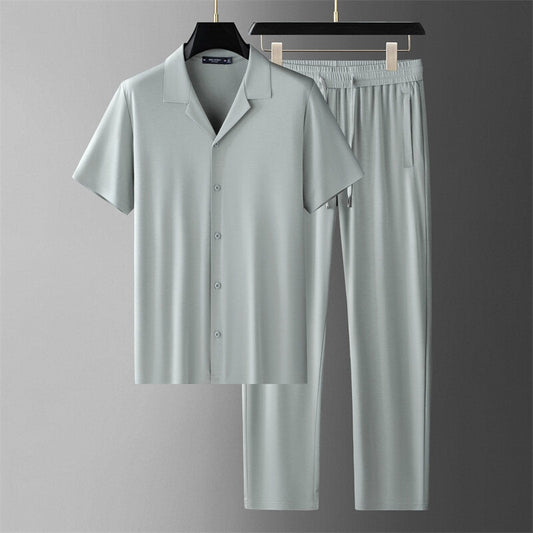 Herren Sommer-Set Aus Eisseide: Zweiteiliges Set Aus Hemd Und Hose, Kurzarm, Freizeit-Set