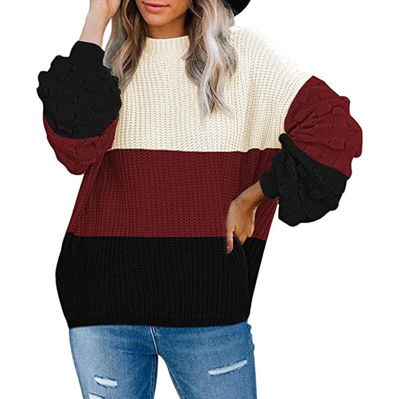 Women's knitted sweater with loose fit, round neckline, and puff sleeves