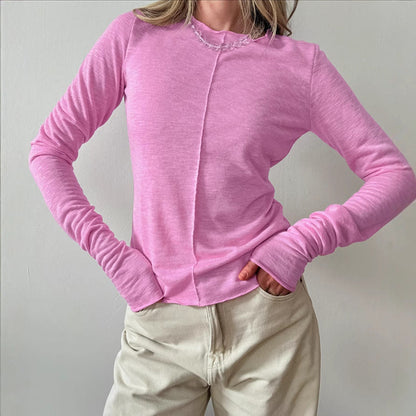 Women's long-sleeve shirt with round neckline and pleat detail