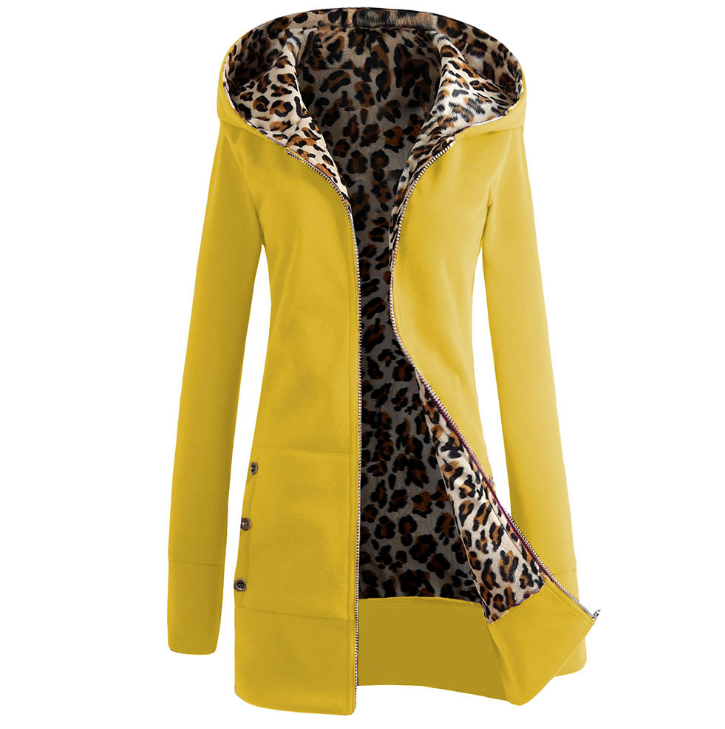 Damen Winterjacke mit Kapuze, Leopardenmuster, Reißverschluss und dicker Fütterung