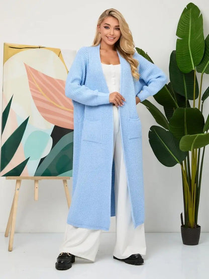 Langer Damen-Strickcardigan mit offenen Front und Taschen