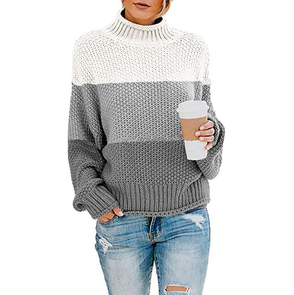 Damenpullover mit hohem Kragen, langen Ärmeln und Colorblock-Strickdesign