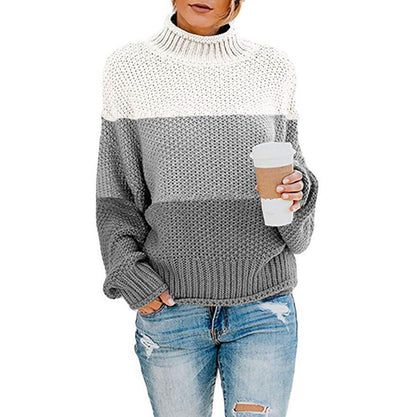 Damenpullover mit hohem Kragen, langen Ärmeln und Colorblock-Strickdesign