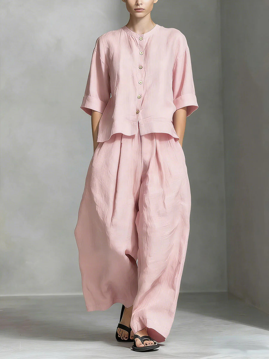 Zweiteiliges Set Aus Damenbluse Im Leinenstil Aus Baumwollmischgewebe Und Locker Sitzender Langer Hose