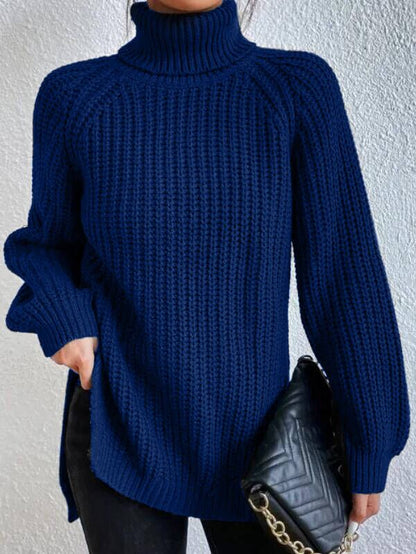 Women's Turtleneck Sweater with Raglan Sleeves and Slit Hem – Cotton Blend