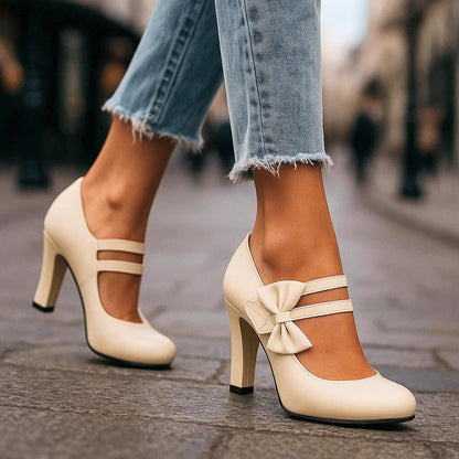 Women's High Heels with Double Straps, Oversized Bow, and Block Heel