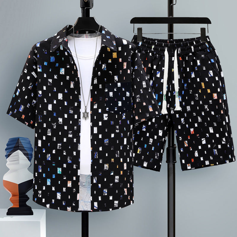 Men's Summer Sport Short-Sleeve Two-Piece Set Straight-Cut Shorts Matching Outfit