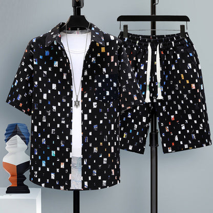Men's Summer Sport Short-Sleeve Two-Piece Set Straight-Cut Shorts Matching Outfit