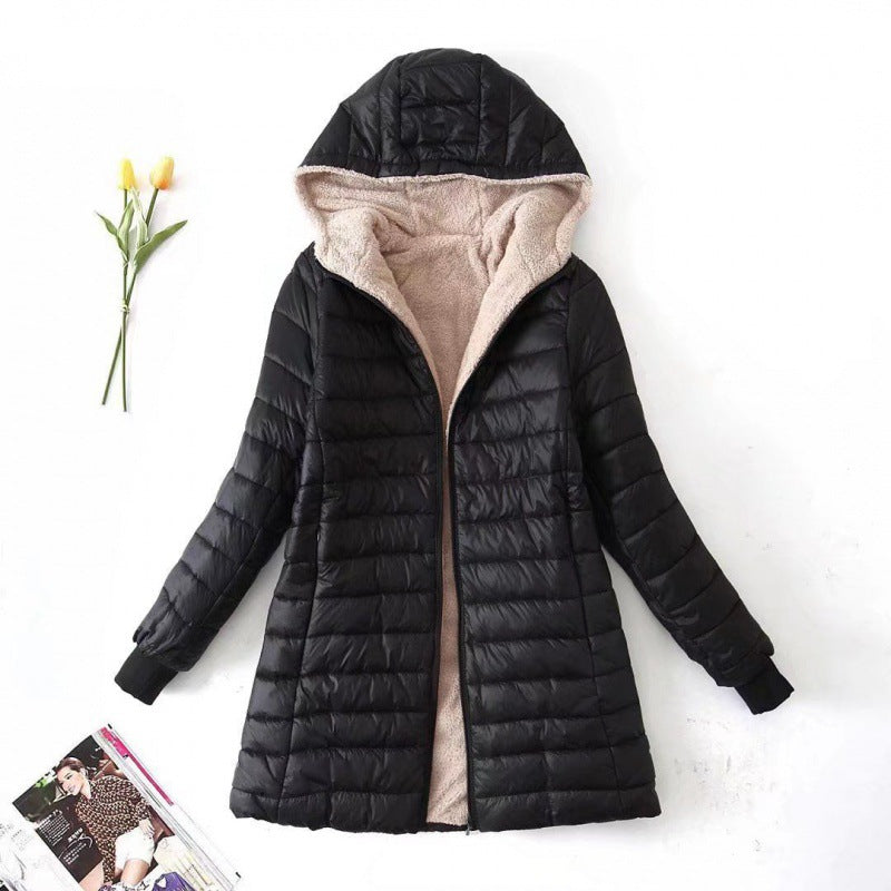 Women's winter jacket with hood and fleece lining – mid-length and fitted
