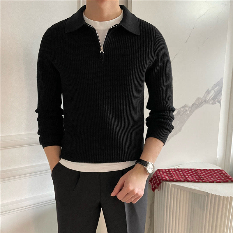 Herren-Halbzip-Pullover mit Rippstruktur und Kragen-Detail