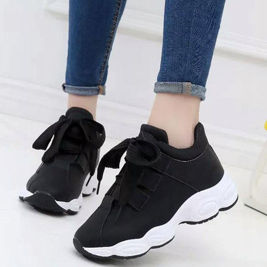 Women's Running Shoes with Thick Sole and Lace-Up Design with Round Toe