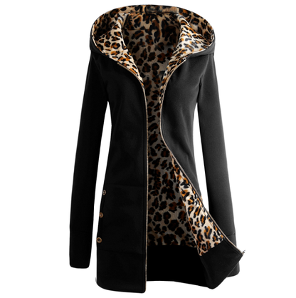 Damen Winterjacke mit Kapuze, Leopardenmuster, Reißverschluss und dicker Fütterung