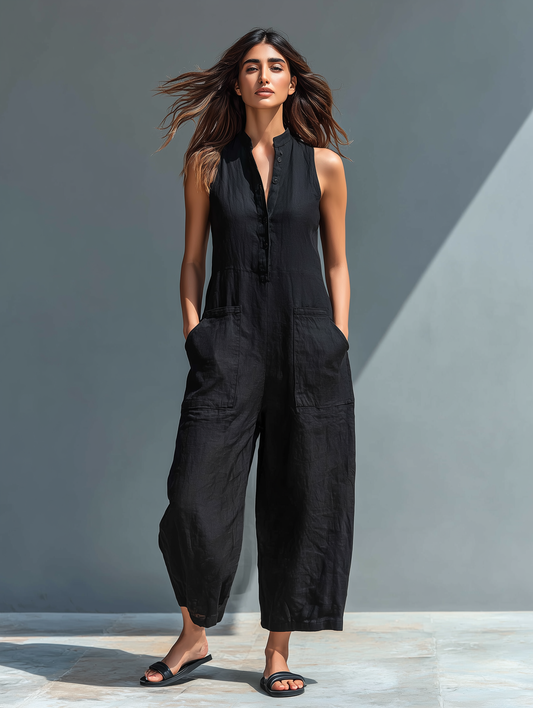 Damen Ärmelloser Jumpsuit mit Stehkragen – Knopfleiste Lockerer Schnitt