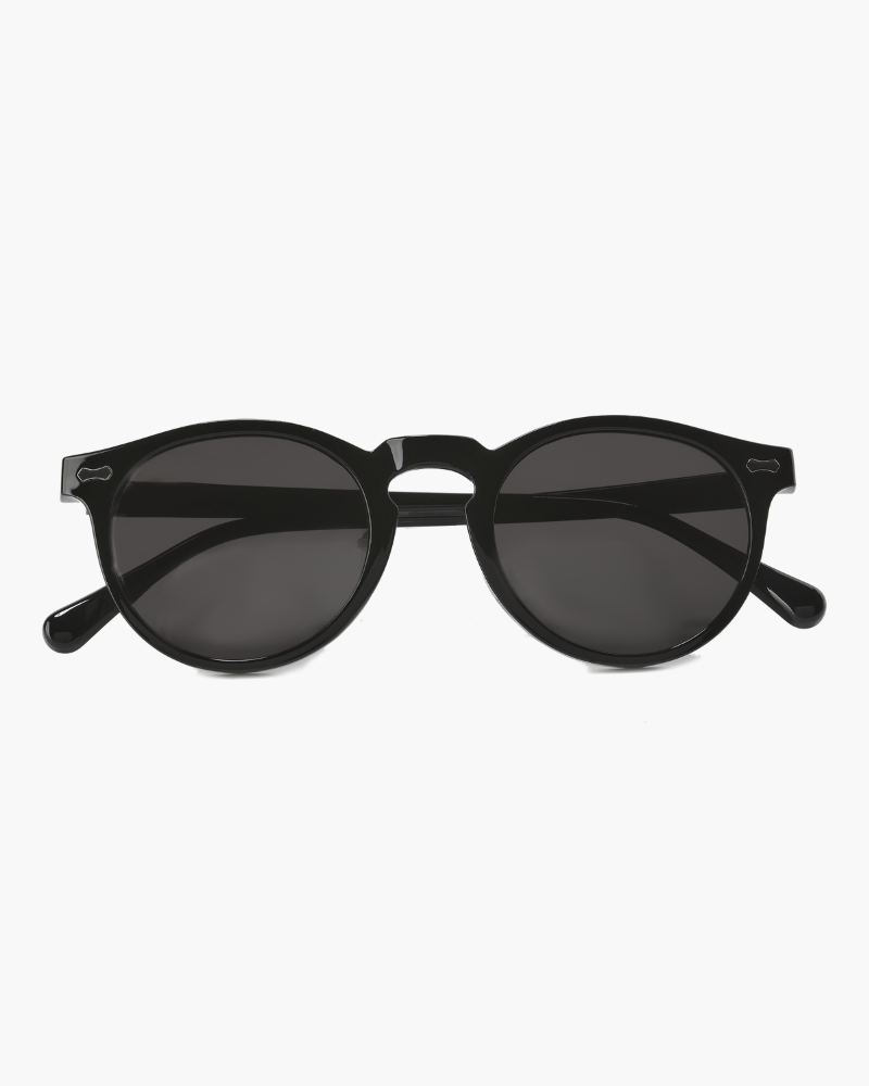 Schwarze runde Sonnenbrille mit dunklen Gläsern, modisches Accessoire, UV-Schutz, klassisches Design, ideal für Sommer und Freizeit.