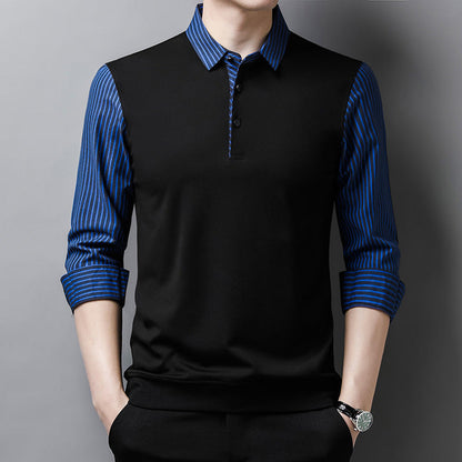 Men's Sweater-Shirt with Striped Sleeves Long Sleeve Straight Fit