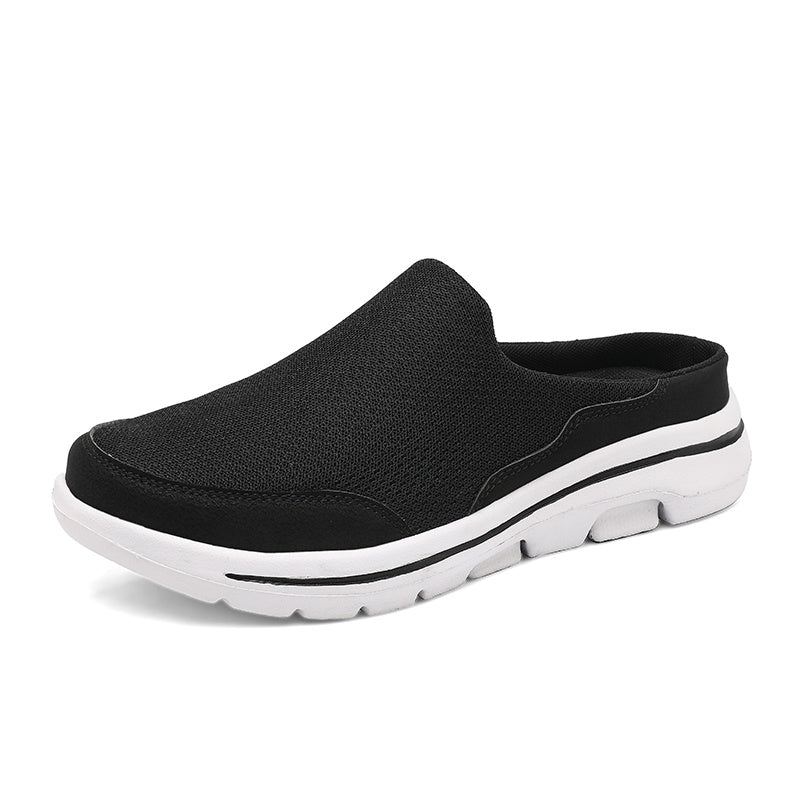 Schwarzer Herren-Slipper mit weißer Sohle, atmungsaktives Mesh-Obermaterial, bequeme Freizeitschuhe, ideal für Sommer und Alltag.