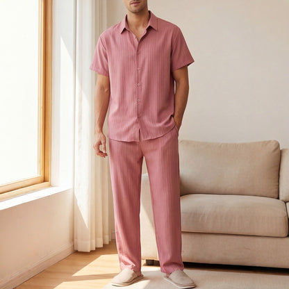 Herren Kurzarm-Loungewear-Set Mit Streifen, Bestehend Aus Langer Hose, Hemd Und Knopfleiste, Leichtes Zweiteiliges Outfit